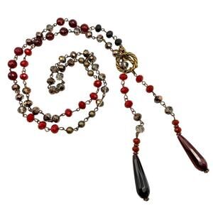 Vintage Garnet Chandelier Tassel Lariat Necklace Crystal Beaded Toggle 35" Long